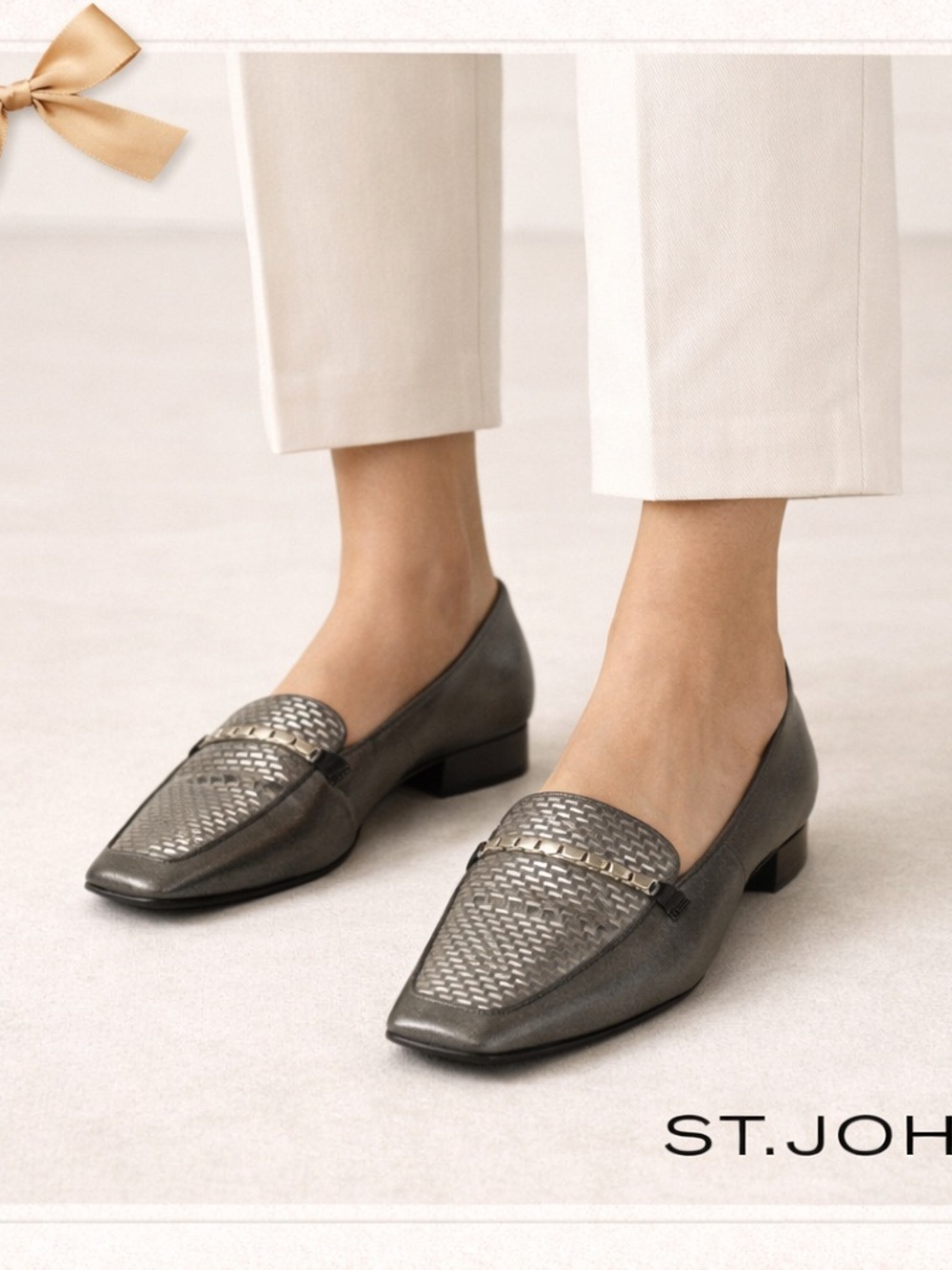St. John Silver Metallic Square Toe Loafers Size 9M Block Heel Designer Shoes